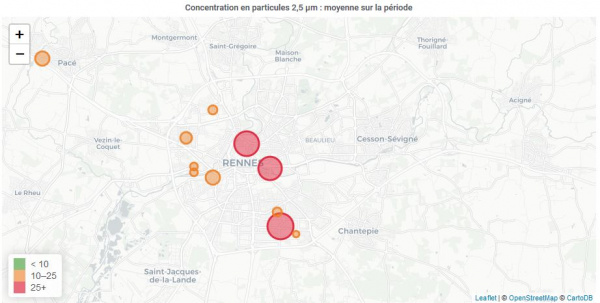 Carte de chaleur des PM2.5 à Rennes
