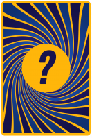 Design du dos des cartes "Mystère" : les couleurs sont bleues et jaunes en rappel aux autres cartes du jeu, avec un point d'interrogation au centre.