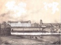 Ancienne abbaye Saint-Georges, avec à droite l'église Saint-Melaine vers 1840[2]