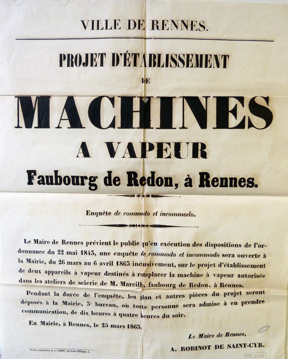 Etablissement d'une machine à vapeur pour les ateliers du faubourg de Redon, 25 mars 1863. Rennes Imprimeries Leroy 56x44 Archives Municipales de Rennes,Affiche administrative, 5D1138