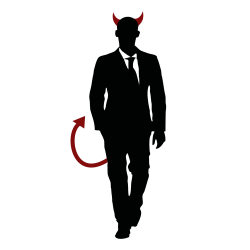 La mascotte de Crassos Numericos : elle représente un homme d'affaire véreux affublé de cornes rouges et d'une queue de diable dans le dos. Le design est simple, une silhouette en noir et blanc avec une touche de rouge pour le côté maléfique.