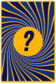 Design du dos des cartes "Mystère" : les couleurs sont bleues et jaunes en rappel aux autres cartes du jeu, avec un point d'interrogation au centre.