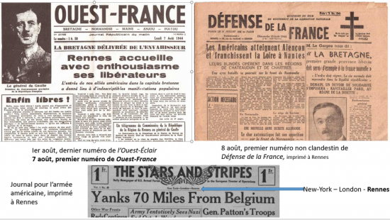 Journaux imprimés à rennes en août 1944, dont le 1er numéro de Ouest-France