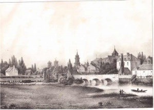 Le pont Saint-Georges vers 1840, dessin de H. Lorette, prolongement ouest de la vue du Palais Saint-Georges. On reconnait l'église Saint-Germain, le beffroi de l'hôtel de ville et, au loin, les deux tours de la cathédrale Saint-Pierre avec le télégraphe Chappe